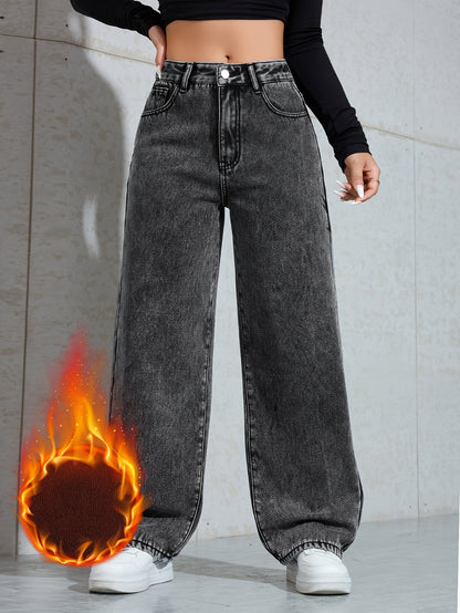 Jean large délavé femme doublé marron taille haute
