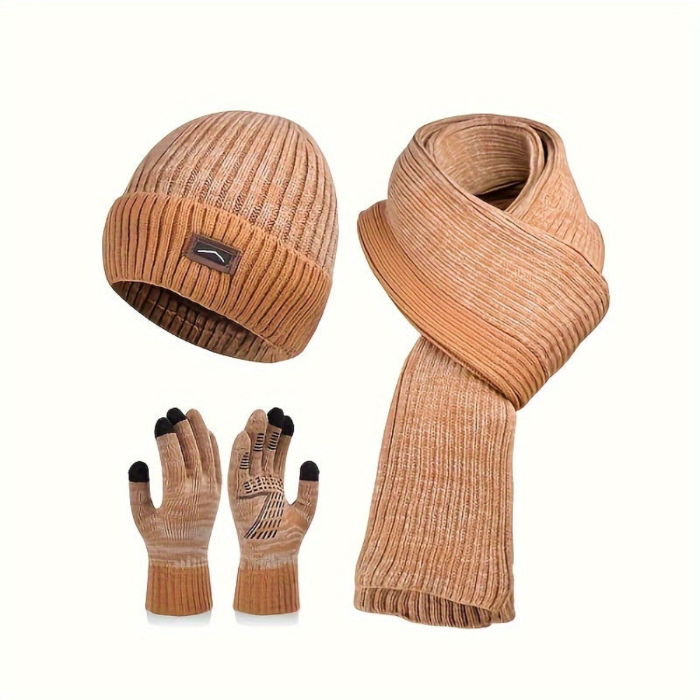 Ensemble hiver bonnet écharpe gants gris chiné tricot doublé polaire pour homme