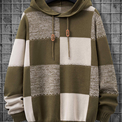 Sweat à Capuche Homme Motif Carreaux Bicolore Maille Décontracté