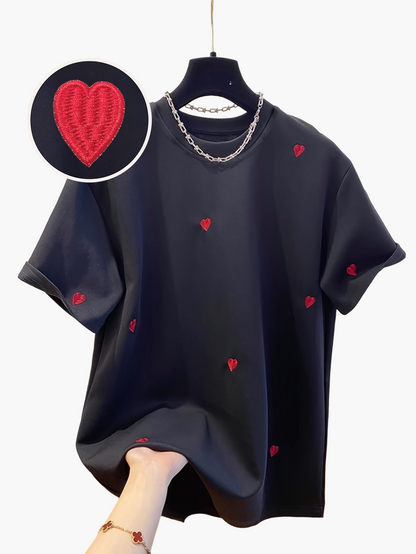 Lässiges Damen-T-Shirt mit gesticktem Herzmotiv, trendiger Stil für den Alltag  
