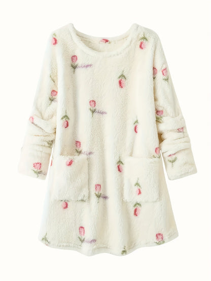 Robe de Nuit Molletonnée Femme Crème à Motifs Floraux Manches Longues