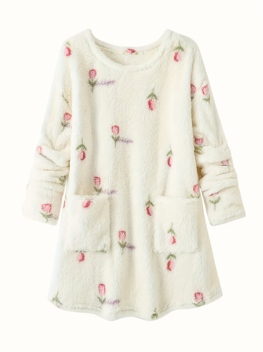 Robe de Nuit Molletonnée Femme Crème à Motifs Floraux Manches Longues