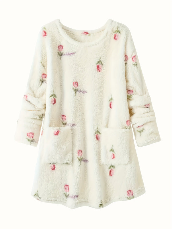 Robe de Nuit Molletonnée Femme Crème à Motifs Floraux Manches Longues
