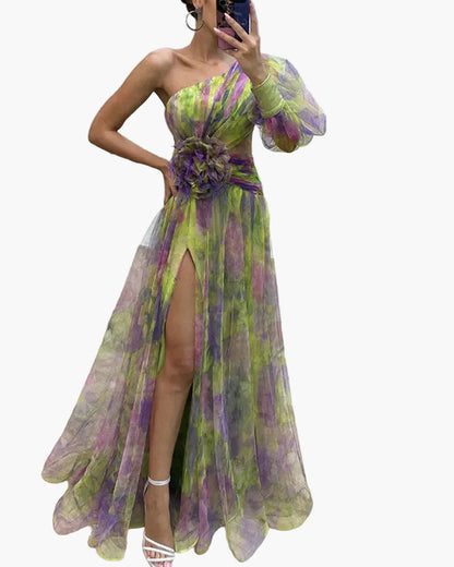 Robe longue élégante femme style soirée à une épaule avec fente et volant tendance