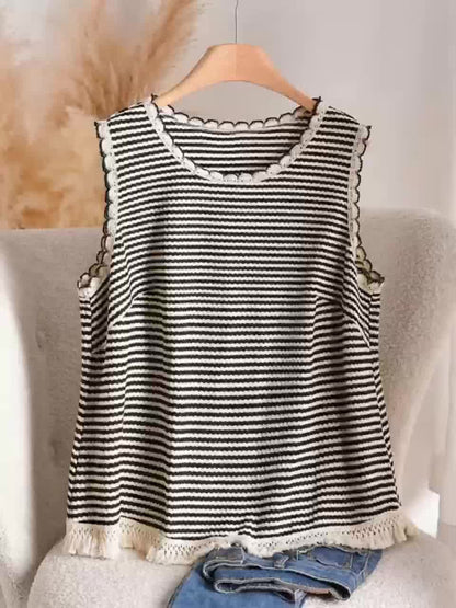 Dames tanktop grote maat elegante stijl met strepen en franjes, voor lente en zomer