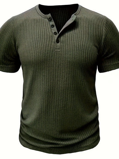 T-shirt Décontracté à Manches Courtes pour Homme Style Henley Boutonné Rayé