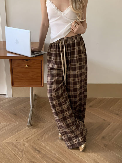 Pantalon de Pyjama Femme Carreaux Marron et Beige Ample avec Cordon