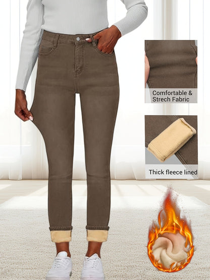 Pantalon doublé polaire pour femme marron, coupe slim, taille haute