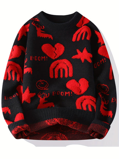 Pull tricoté col rond à motifs variés pour homme - Noir, Blanc ou Rouge