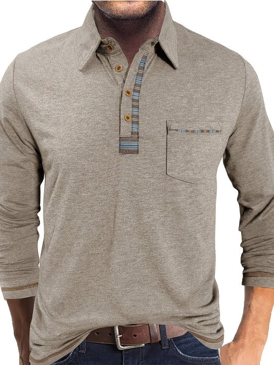 Polo Homme Manches Longues Détails Ethniques Boutons Beige