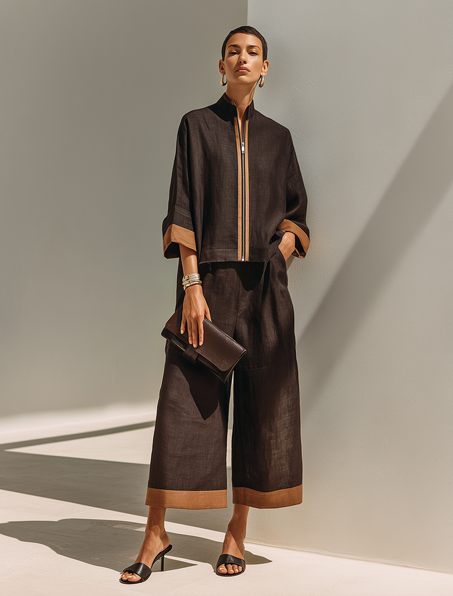 Conjunto de mujer con top corto y pantalón ancho, marrón con detalles camel
