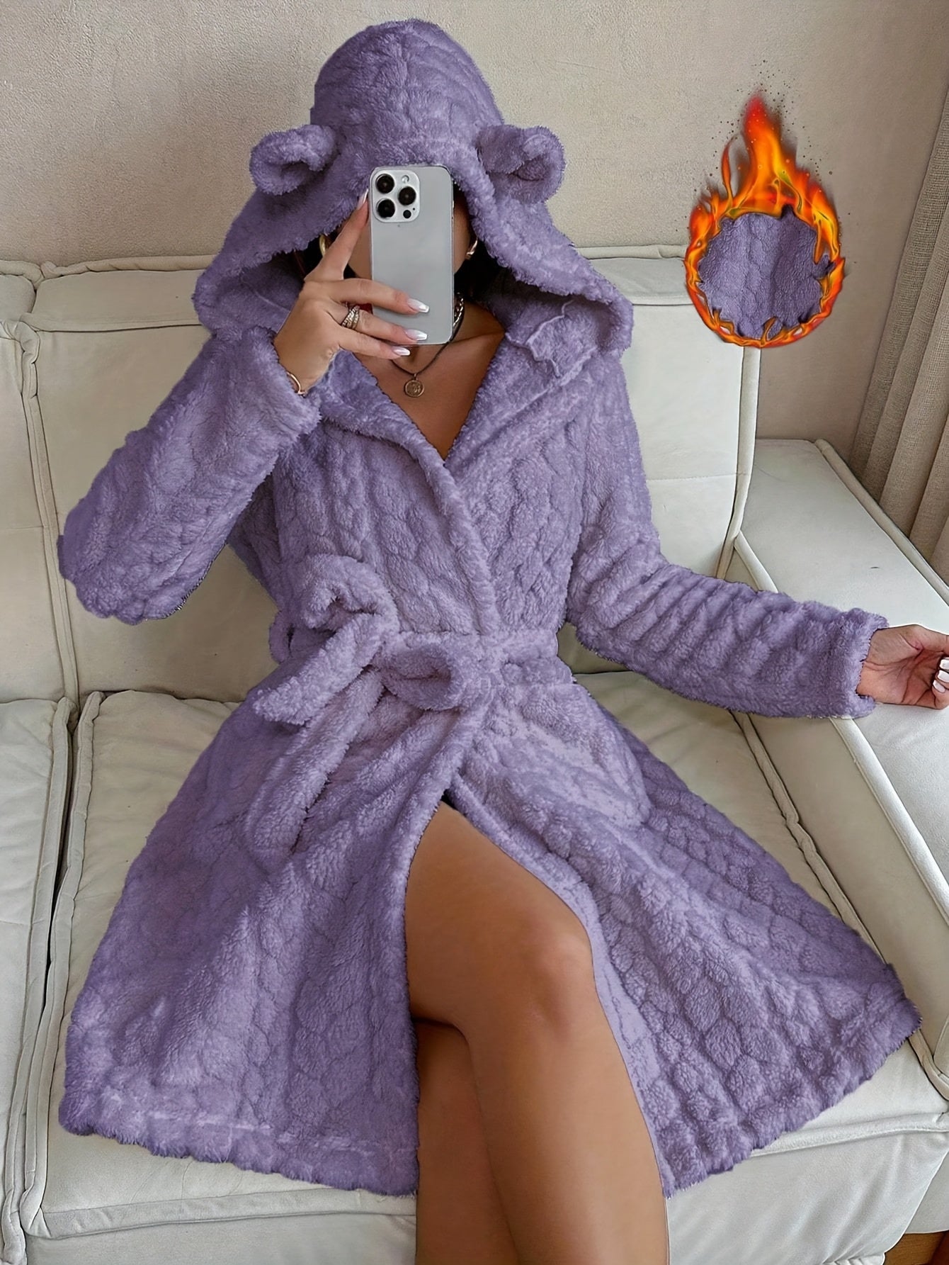 Robe de Chambre Femme à Capuche Ourson Douce Lavande