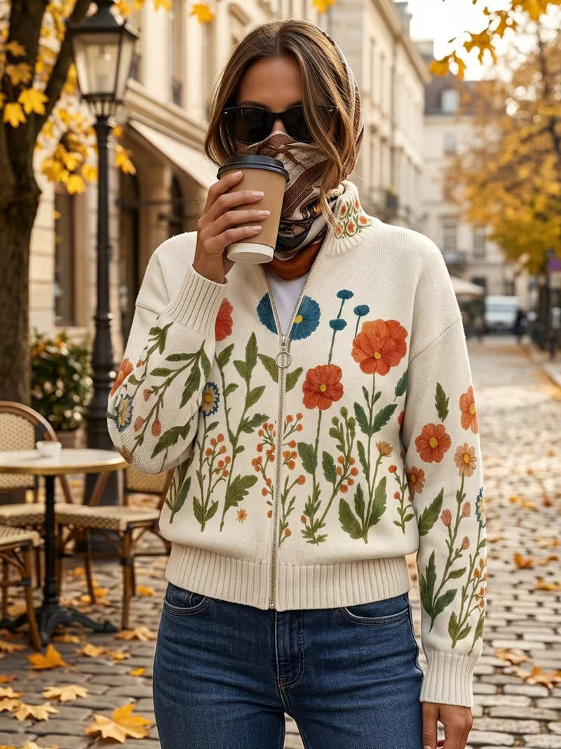 Chaqueta de mujer con cremallera y cuello alto, estampado floral multicolor