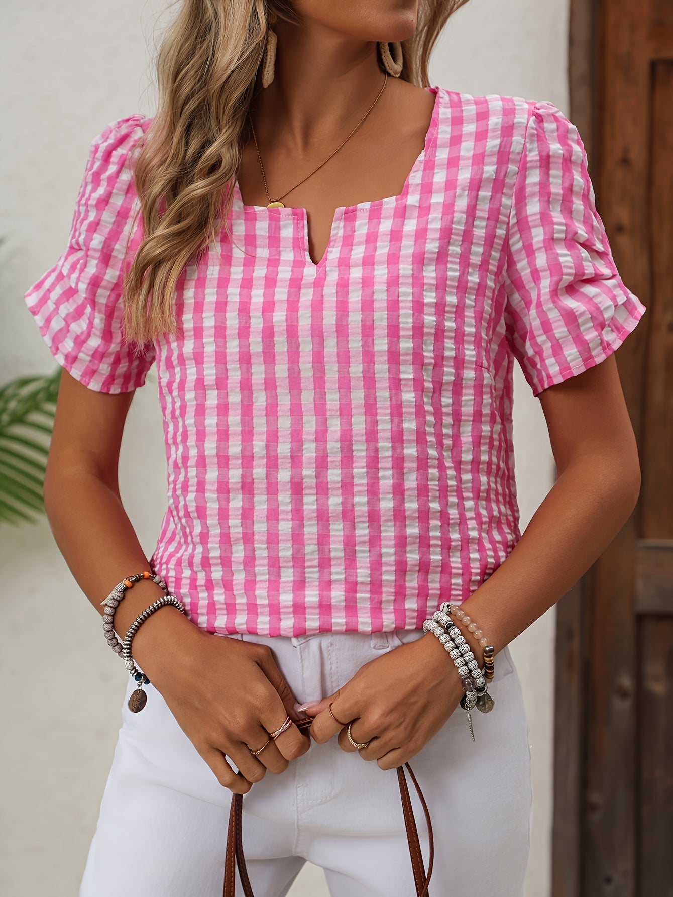 Blouse à carreaux vichy style élégant pour femme - idéale pour le printemps et l'été