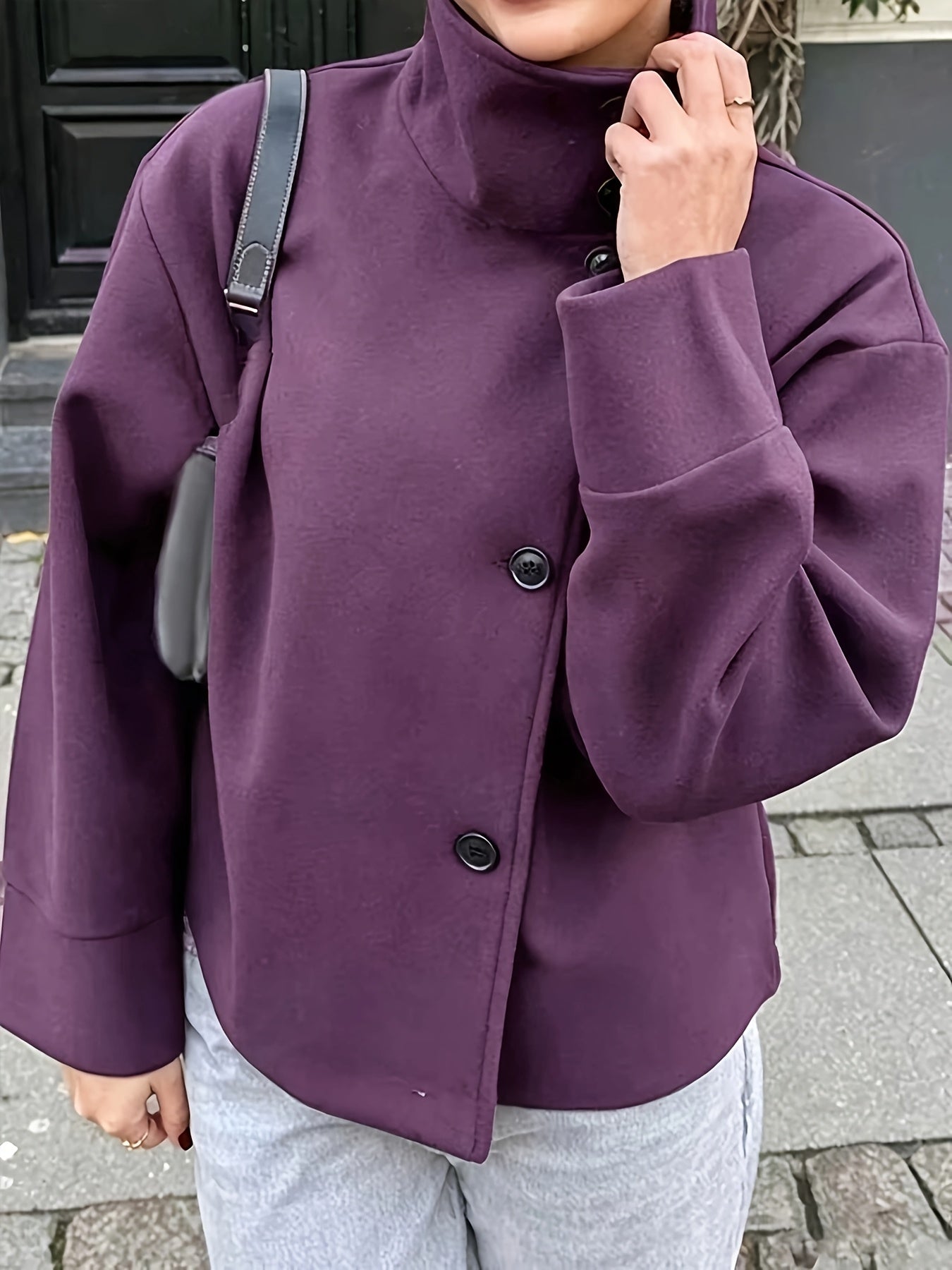 Veste courte femme col montant boutonnée décontractée couleur unie