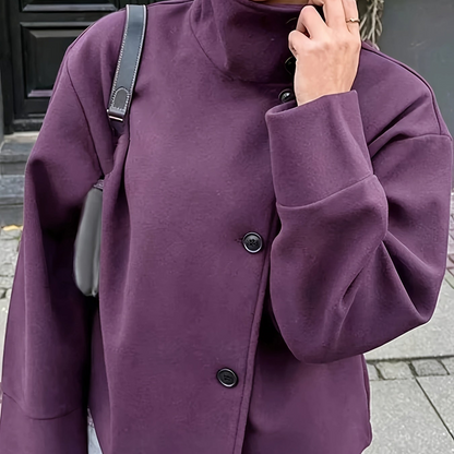 Veste courte femme col montant boutonnée décontractée couleur unie
