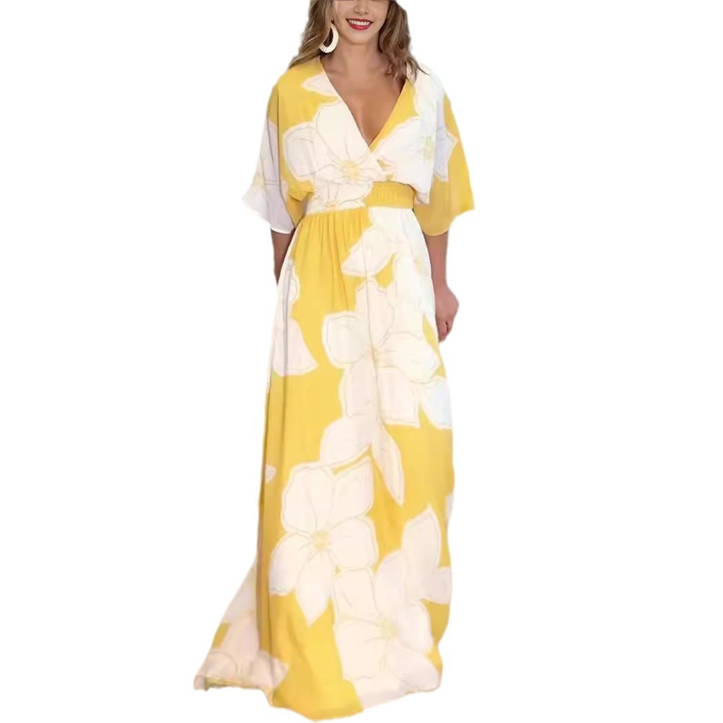 Robe longue femme élégante à fleurs style bohème pour occasions estivales