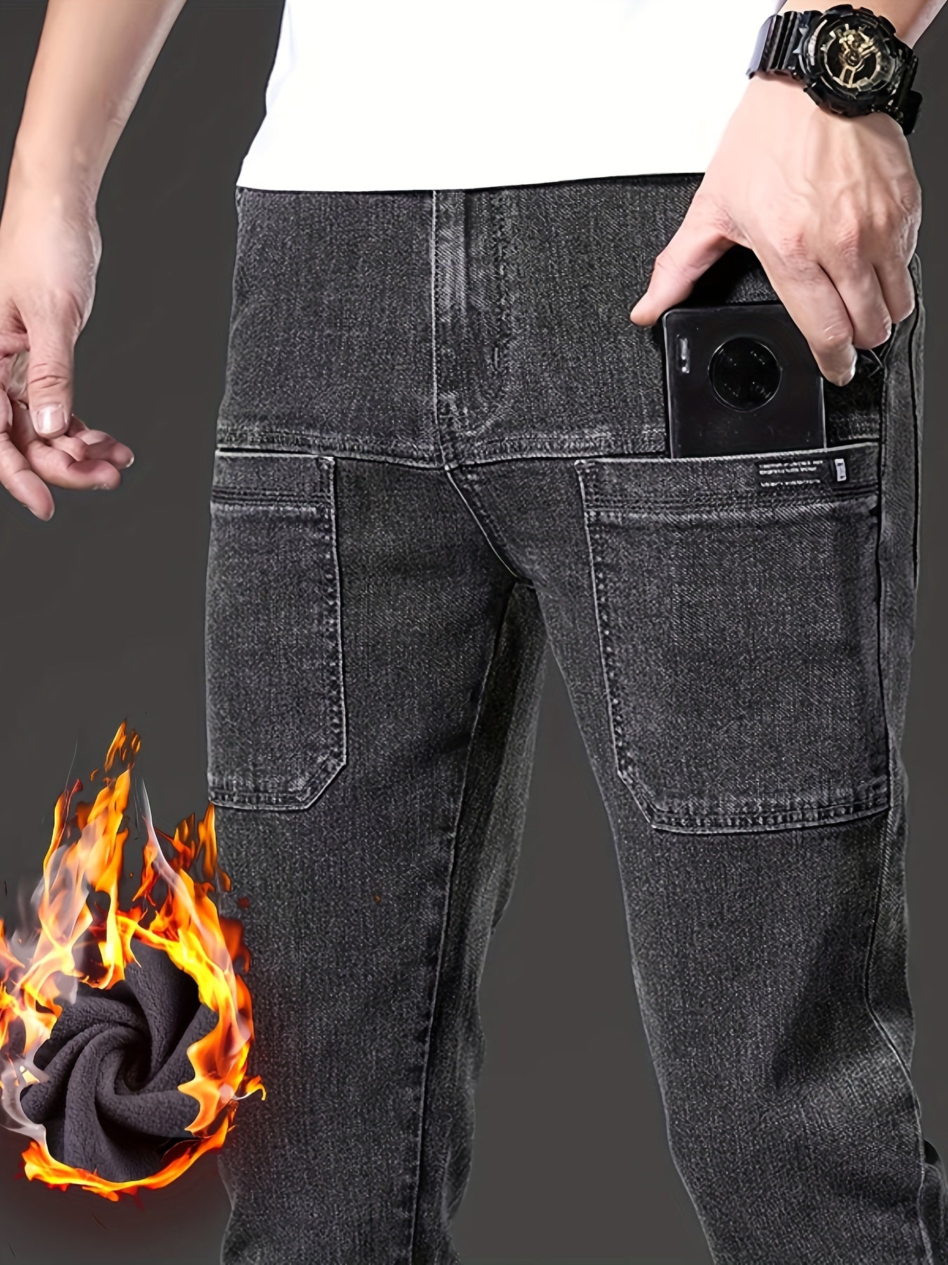Jean Cargo Homme Hiver Doublé Polaire Coupe Droite Poches Multiples Couleur Unie