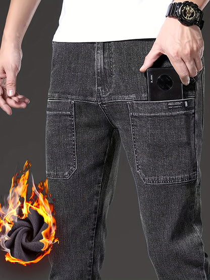 Jean Cargo Homme Hiver Doublé Polaire Coupe Droite Poches Multiples Couleur Unie
