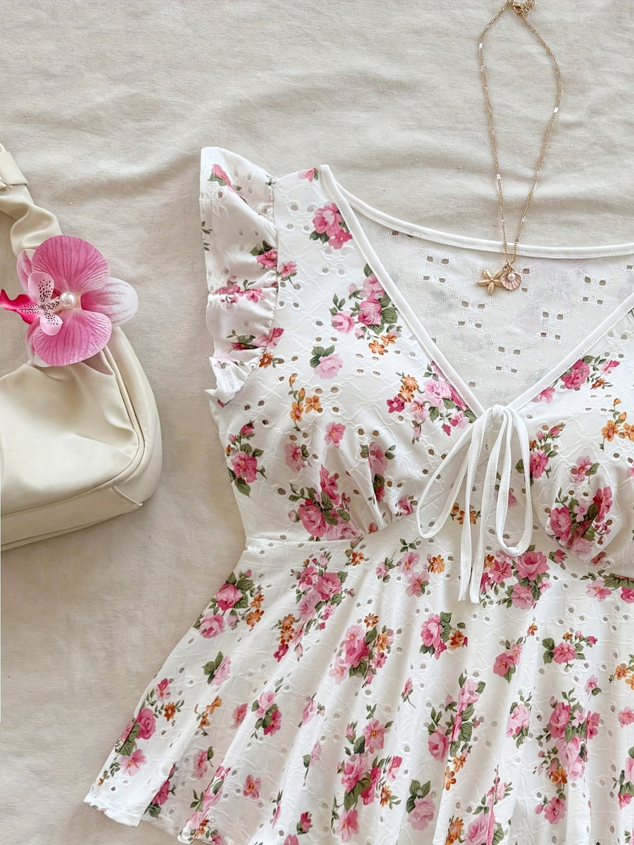 Blouse Femme Style Cottage Peplum à Imprimé Fleuri et Broderie Anglaise – Romantique, Manches Volants, Décolleté Noué