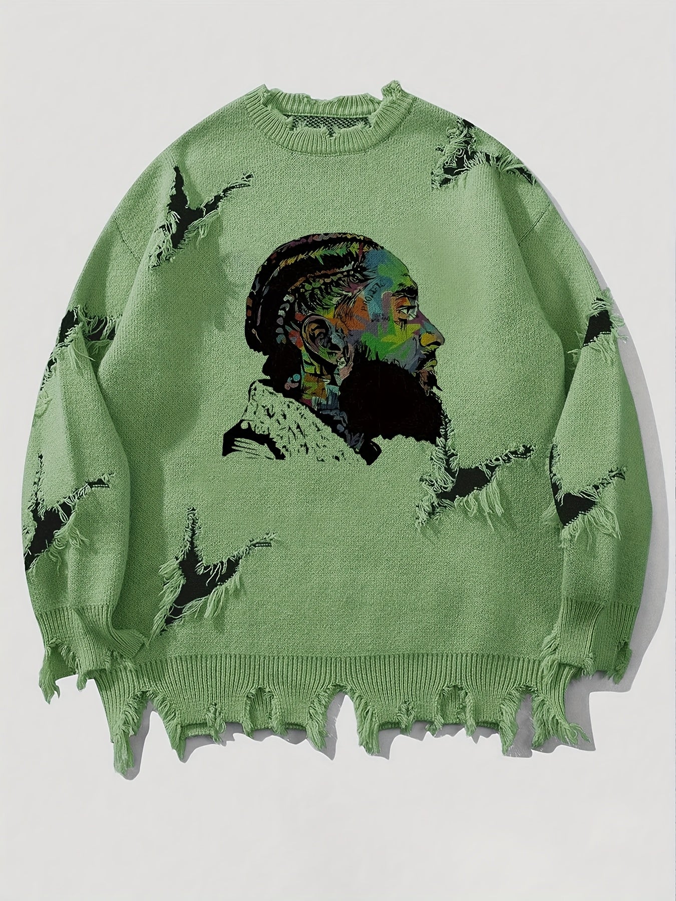 Pull homme décontracté beige à col rond avec motif visage coloré et détails déchirés
