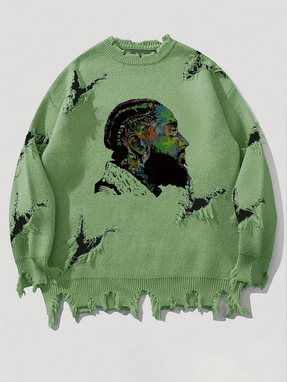 Pull homme décontracté beige à col rond avec motif visage coloré et détails déchirés