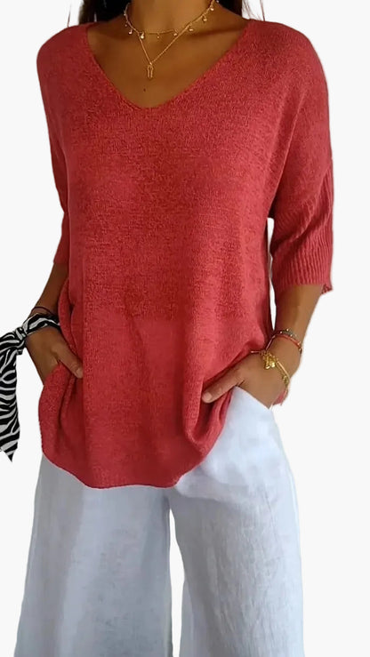 Maglione Donna Informale Scollo a V Maniche Mezza Lunghezza Stile Elegante e Comodo per Tutti i Giorni