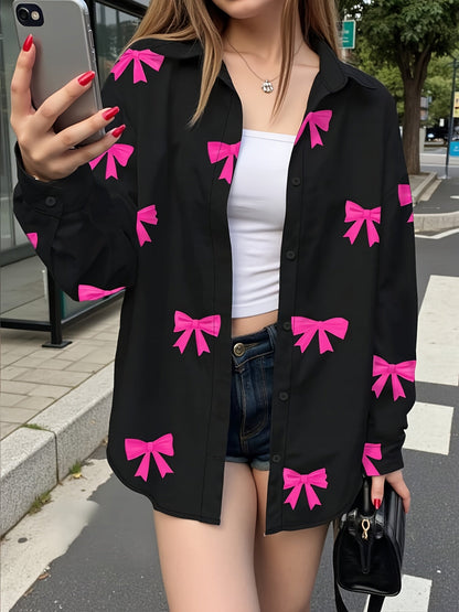 Chemise Femme Noire à Nœuds Roses Manches Longues Boutonnée