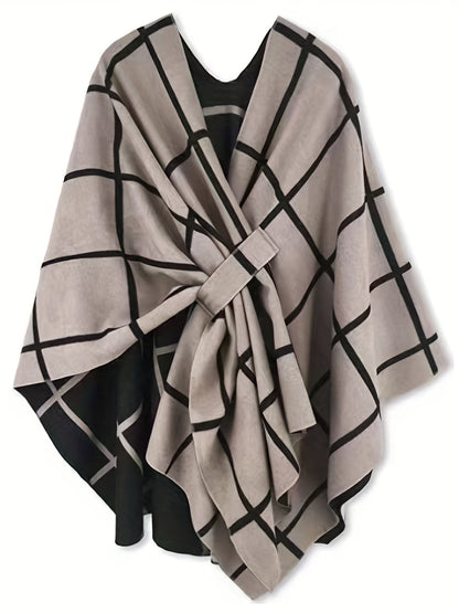 Poncho Réversible Femme Grille Noir et Beige Style Cape Élégante