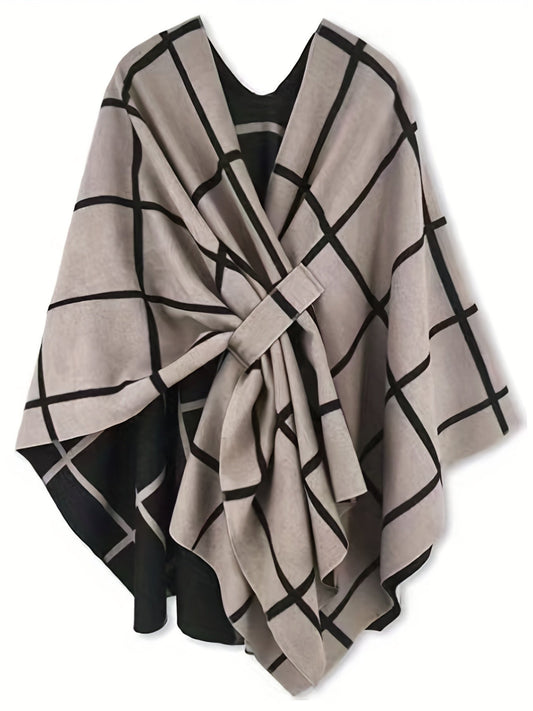 Poncho Réversible Femme Grille Noir et Beige Style Cape Élégante