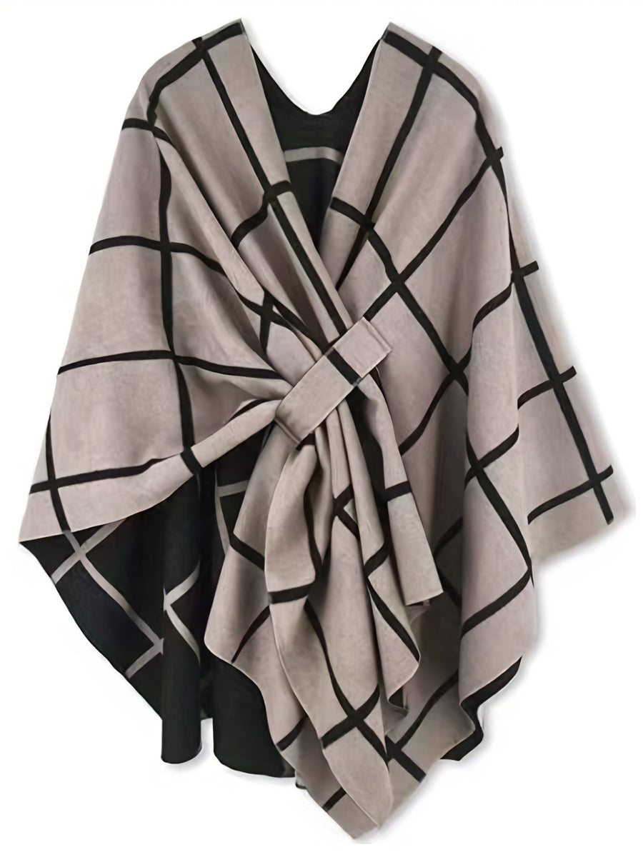 Poncho Réversible Femme Grille Noir et Beige Style Cape Élégante