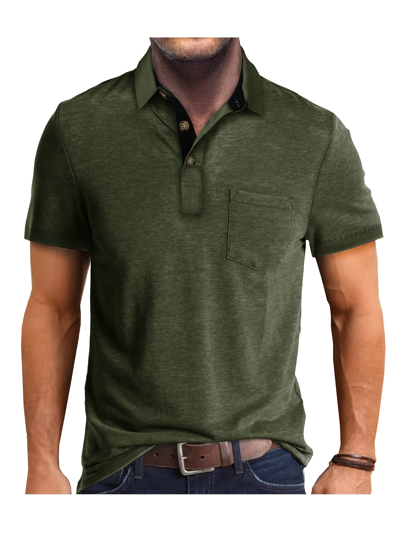 Polo décontracté pour homme à poche poitrine, style élégant pour usage quotidien ou bureau