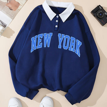 Sweat-shirt col polo bleu marine avec motif "NEW YORK" devant