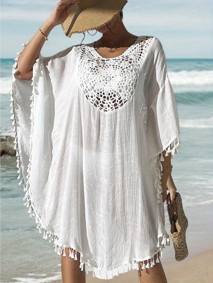 Tunique de plage femme style poncho bohème chic avec crochet et franges - idéal par-dessus maillot