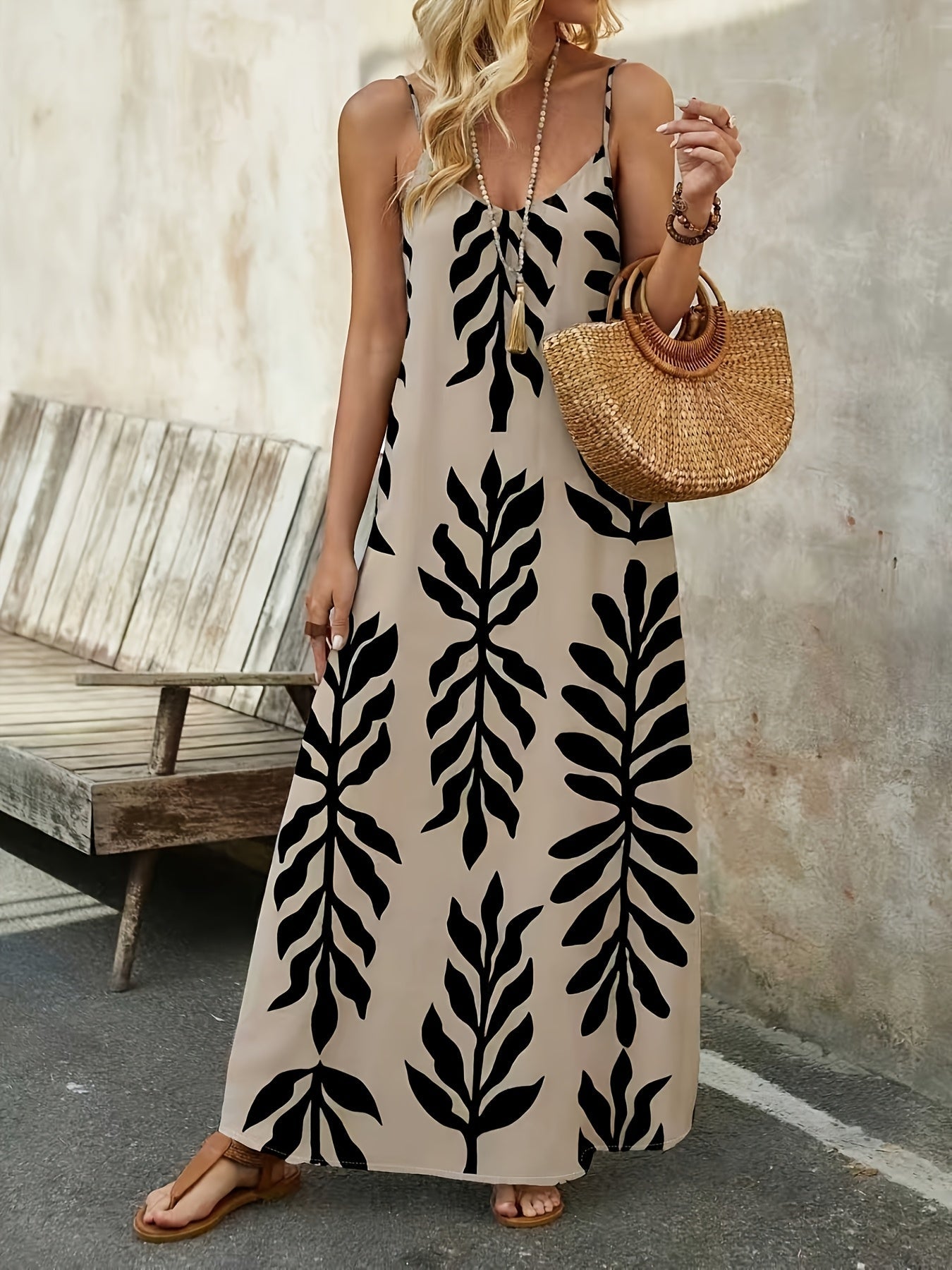 Abito lungo casual con motivo foglie da donna – Stile boho chic estivo