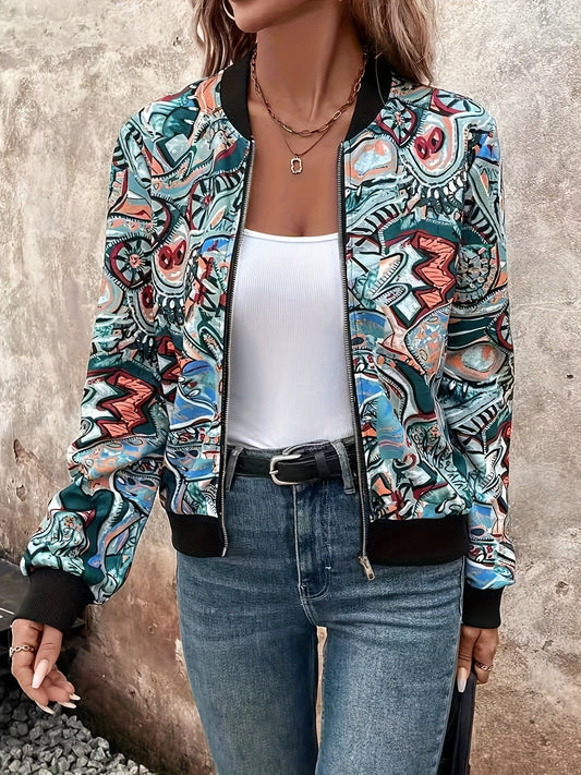 Lässige Damen-Bomberjacke mit grafischem Muster, Urlaubsstil