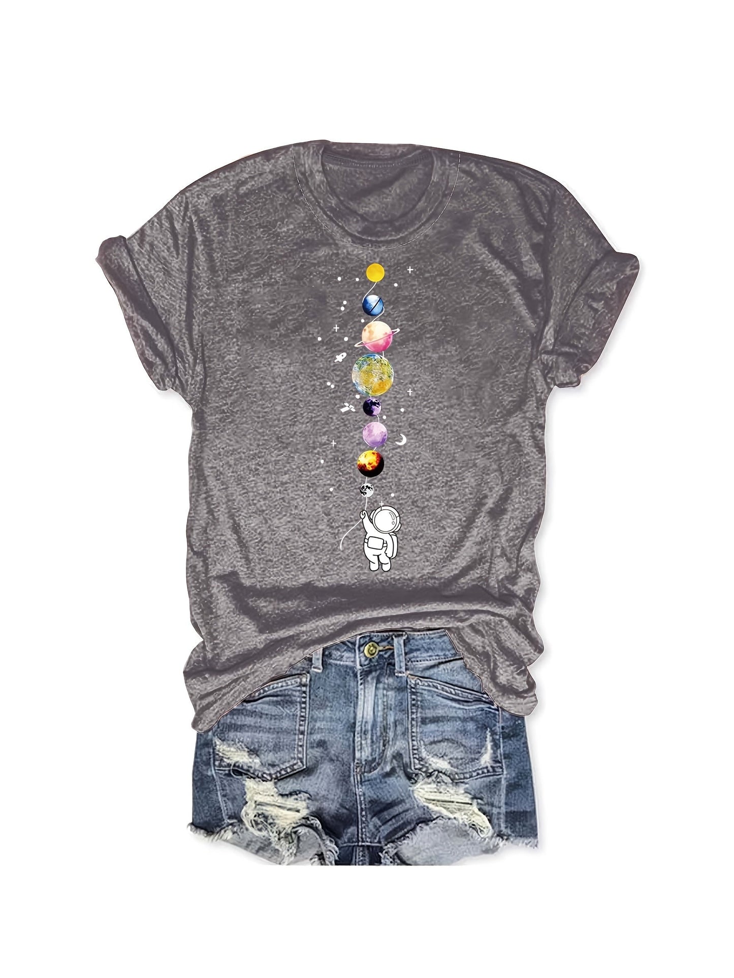 T-shirt donna stile casual con motivo astronauta e pianeti, ispirazione spazio, ideale per appassionate di scienza e moda urbana