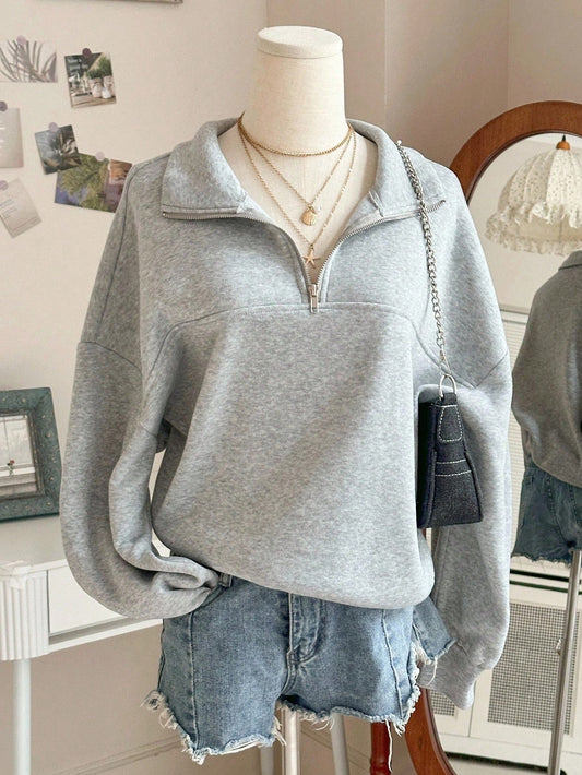 Sweatshirt Femme Col Zippé Gris à Manches Longues Doux