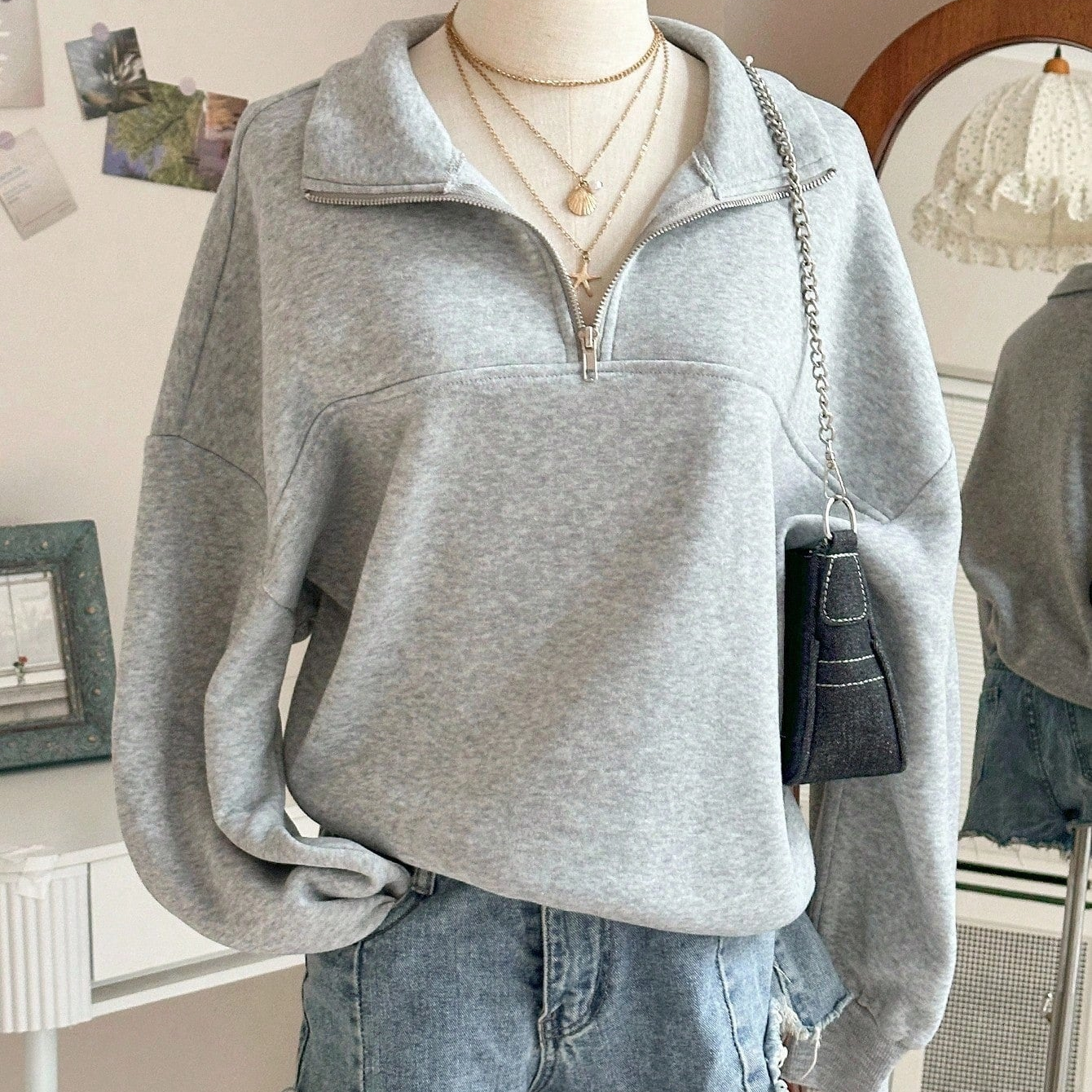 Sweatshirt Femme Col Zippé Gris à Manches Longues Doux