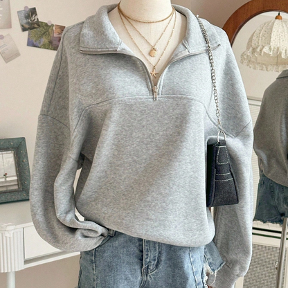 Sweatshirt Femme Col Zippé Gris à Manches Longues Doux