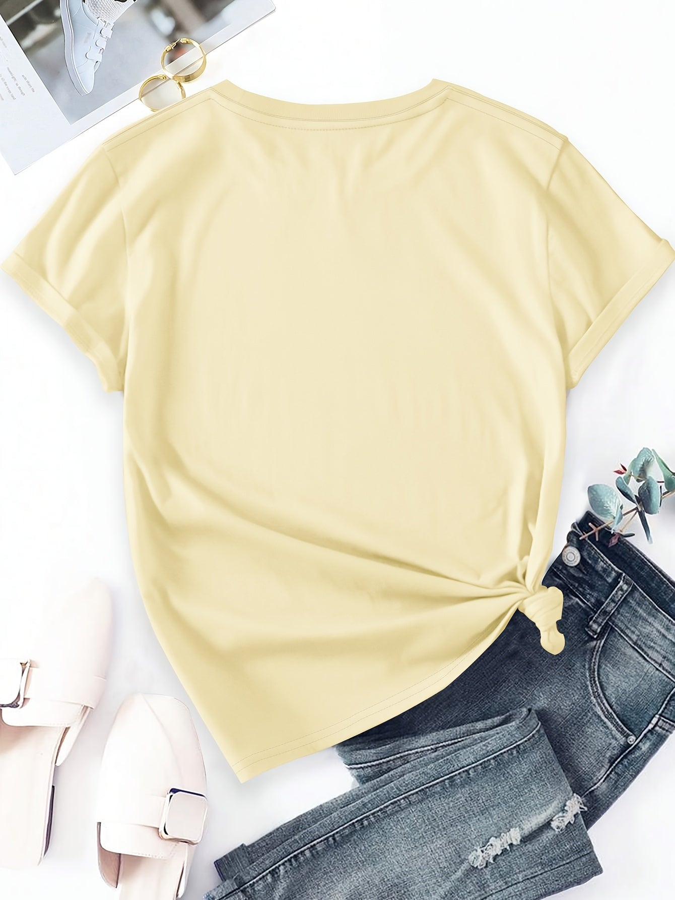 Dames T-shirt Casual Stijl met Wildbloemenpatroon Botanische Illustratie