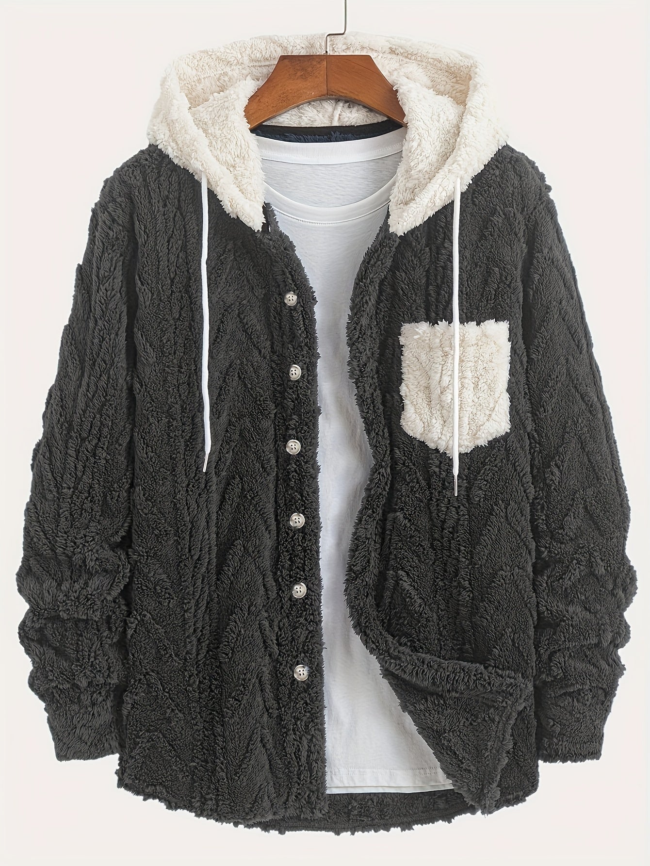 Veste Homme Polaire Sherpa à Capuche Bleu Marine et Poche Poitrine Contrastée