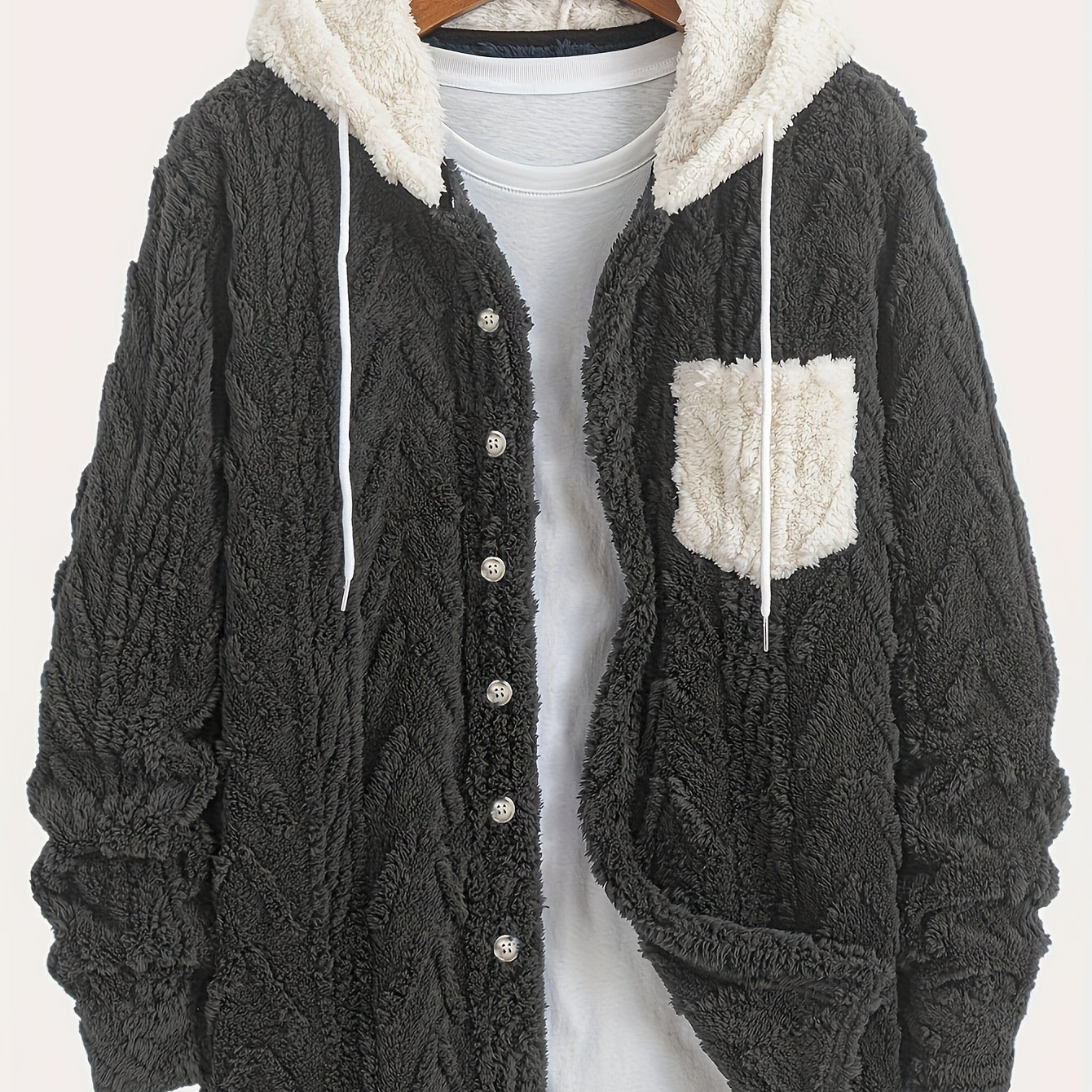Veste Homme Polaire Sherpa à Capuche Bleu Marine et Poche Poitrine Contrastée