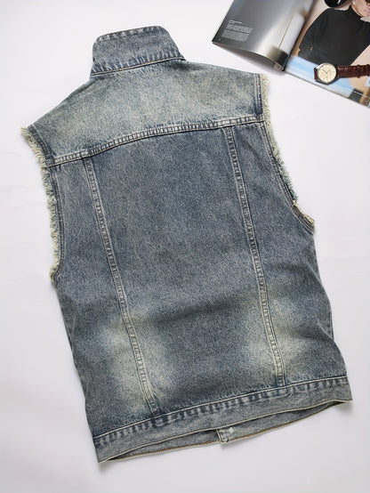Veste sans manches en denim délavé bleu pour homme avec boutons et poches