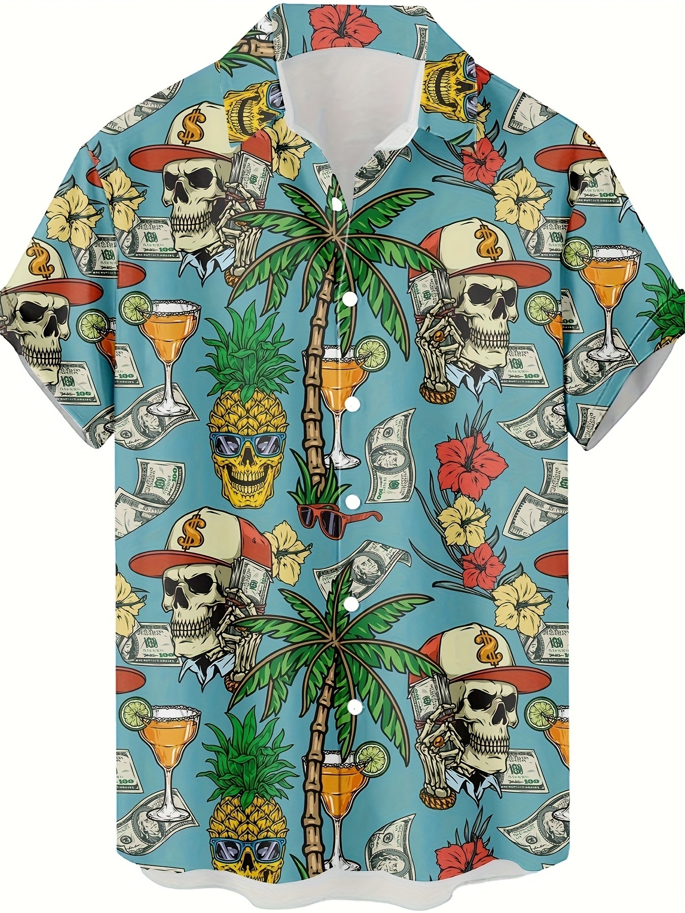 Hawaiihemd für Herren mit tropischem Motiv, Totenkopf und Dollarzeichen – lässiger Sommer-, Strand- und Urlaubsstil  