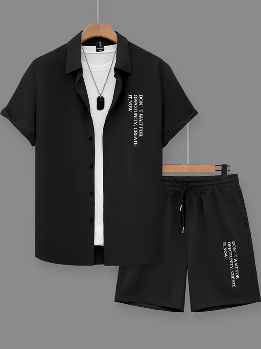 Ensemble casual d'été pour homme avec chemise à boutons et short, style urbain citation motivationnelle