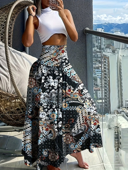 Falda larga de talle alto bohemia para mujer con estampados tropicales para el verano
