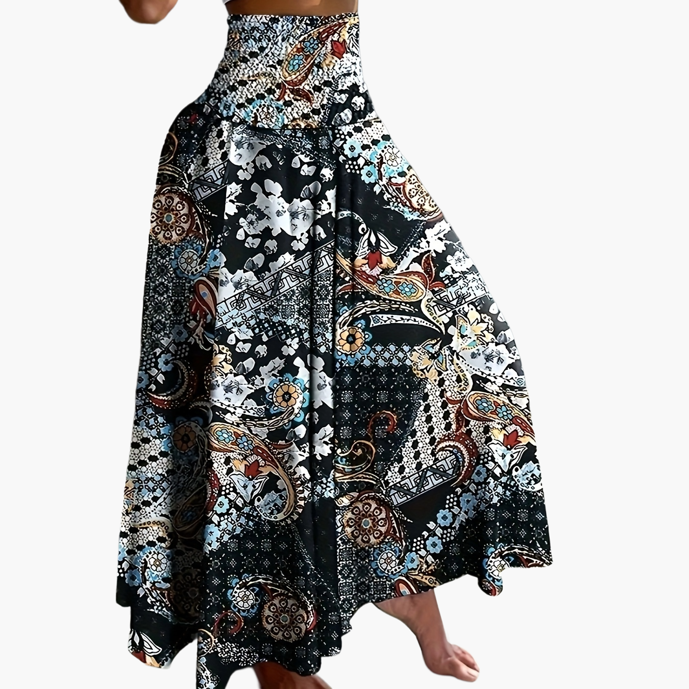 Falda larga de talle alto bohemia para mujer con estampados tropicales para el verano