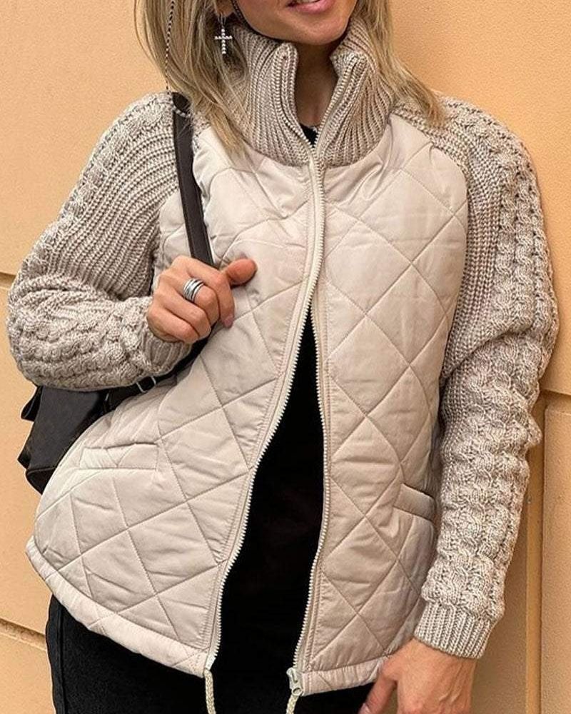 Women's quilted jacket with knitted sleeves and stand-up collar
