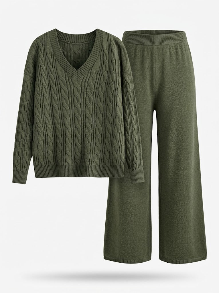 Set aus Zopfpullover mit V-Ausschnitt und weiter Strickhose für Damen